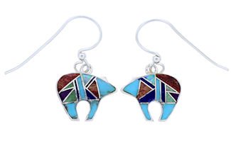 Multicolor Inlay Genuine Sterling Silver Bear Jewelry Hook Earrings