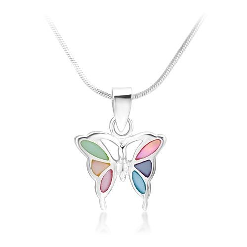 Sterling Silver Multi-Colored Mother of Pearl Shell Butterfly Pendant Necklace 18